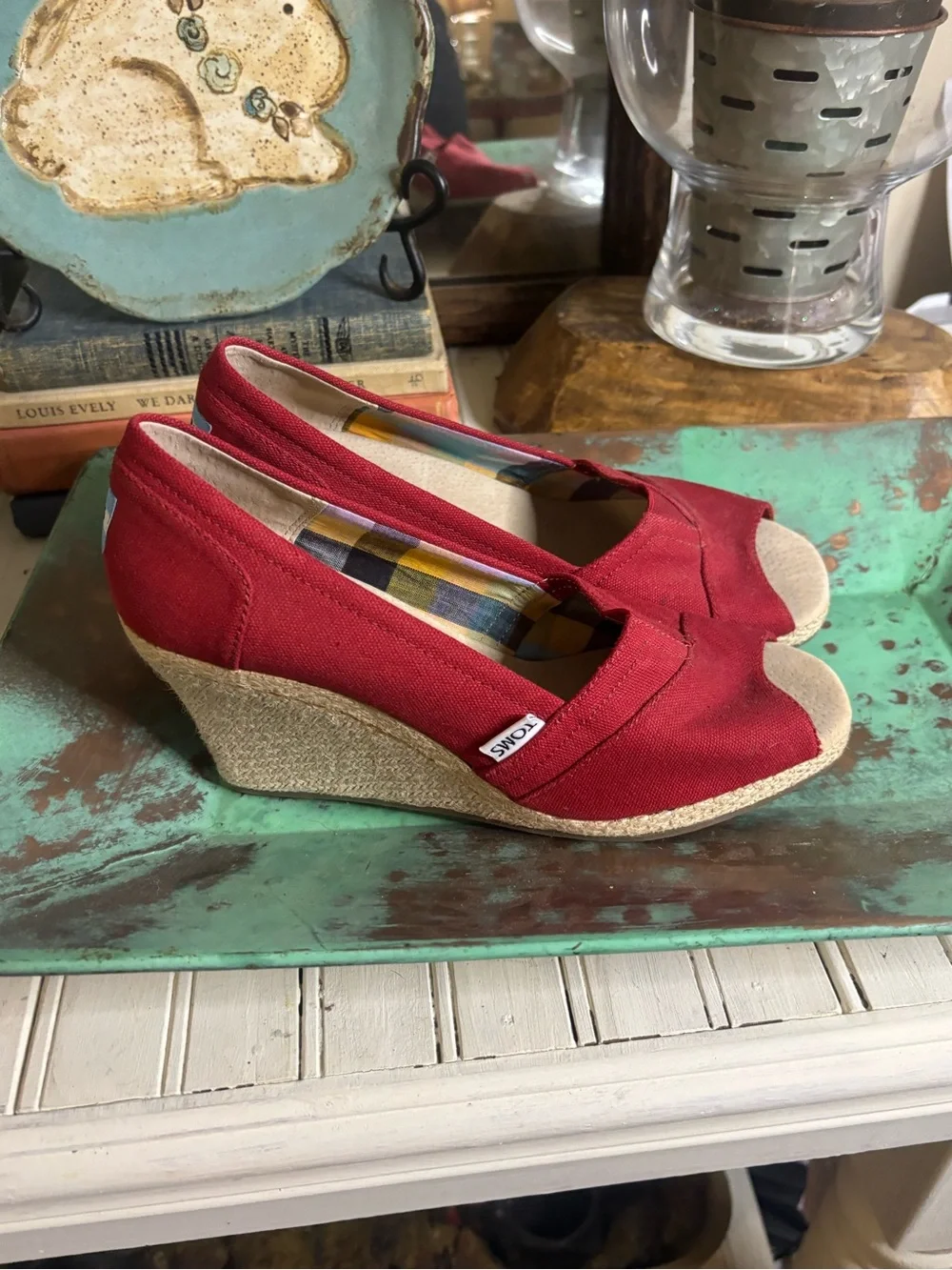 Toms Red Canvas Peep-Toe Espadrille Wedges